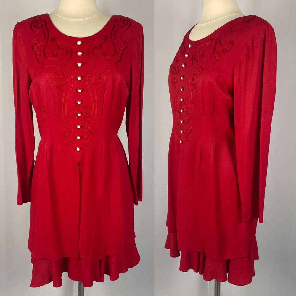 Vintage Mini Dress Large Red Button Embroidered Feminine Flirty Coquette 90s